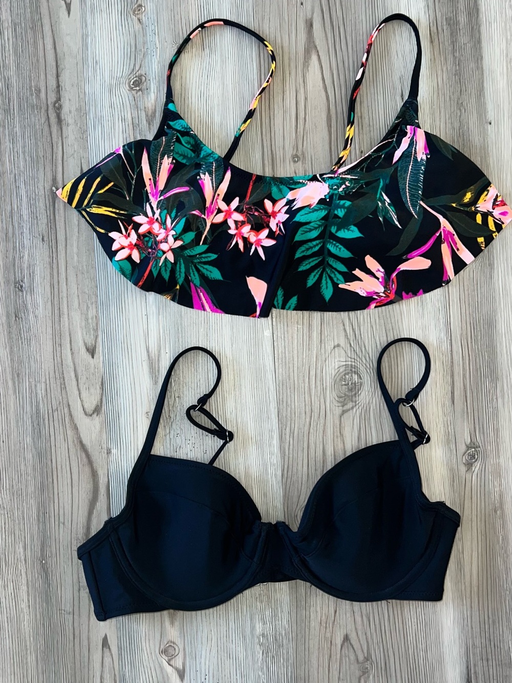 2 Old Navy Swimsuit Bikini Tops Black Floral Orange Medium